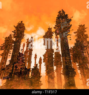 Colonia mineraria città / 3D illustrazione del futuristico scuro science fiction città su hot desert planet Foto Stock