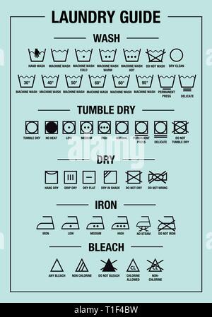 Servizio lavanderia guida stampa di arte e segni di cura, tessile simboli di lavaggio per i tag, etichette, set di vettore di elementi di design grafico Illustrazione Vettoriale
