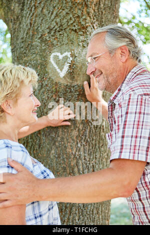 Romantico coppia senior nella parte anteriore di un albero con un gessetto il cuore come un simbolo del loro amore Foto Stock