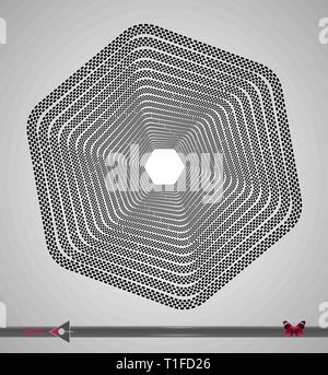 Segmenti concentrici di cerchi. Rotazione esagonale. Elemento di design su sfondo bianco. Illustrazione Vettoriale