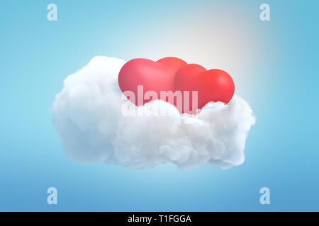 3D rendering di due cuori rossi sulla nuvola bianca su sfondo blu Foto Stock