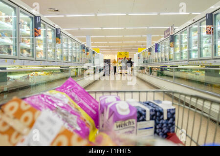 Supermercato Tesco cibi congelati corsia e carrello per supermercati, kent, Regno Unito Foto Stock