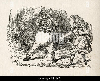 Alice e Tweedledum. Illustrazione di Sir John Tenniel, (1820 - 1914). Dal libro Attraverso lo specchio e quello che Alice vi hanno trovato, da Lewis Carroll, pubblicata a Londra, 1912. Foto Stock