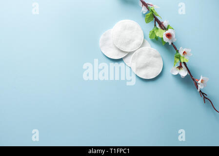 Tamponi di cotone per la rimozione di trucco con fiori di colore bianco su sfondo blu flatlay Foto Stock