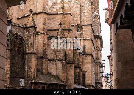 Una parte della facciata della Cattedrale di Santa Croce e di Santa Eulalia, Barcellona, Spagna Foto Stock