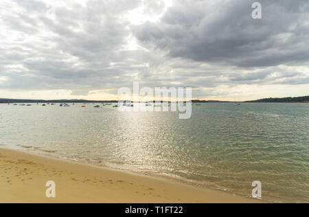 Spiaggia di sabbia, guardando attraverso Stone Island Lake, Poole, Regno Unito Foto Stock