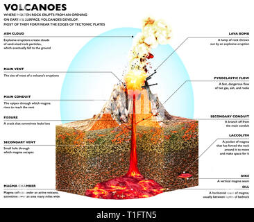 La sezione di un vulcano, schema strutturale e la sezione del terreno, rendering 3d. Eruzione di lava e Foto Stock