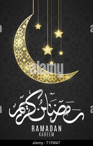 Il Ramadan Kareem poster. Luna oro con islamica ornamento geometrico. Disegnata a mano la calligrafia. La religione Santo Mese. Oro 3d stelle appendere. Eid Mubarak. Vettore Illustrazione Vettoriale