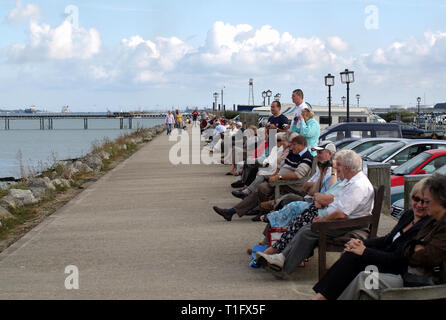 La folla raccolta per la partenza a Hythe Marina di RMS Queen Mary 2 da Southampton Docks Foto Stock