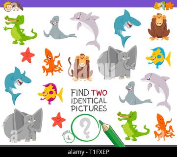 Illustrazione del fumetto di trovare due immagini identiche gioco educativo per bambini con divertenti degli animali selvatici di caratteri Illustrazione Vettoriale