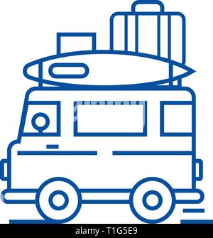 Caravan,travel camping trailer icona linea concept. Caravan,viaggio rimorchio campeggio piatto simbolo del vettore, segno, illustrazione di contorno. Illustrazione Vettoriale