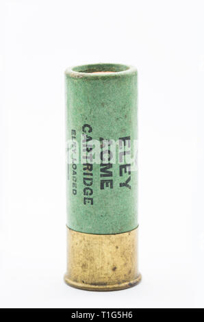 Un vecchio Eley ACME caso carta 12 gauge, o foro, fucile cartuccia con un fatturato laminato chiusura caricato con n. 5 pallini di piombo. Raccolta cartrid shotgun Foto Stock