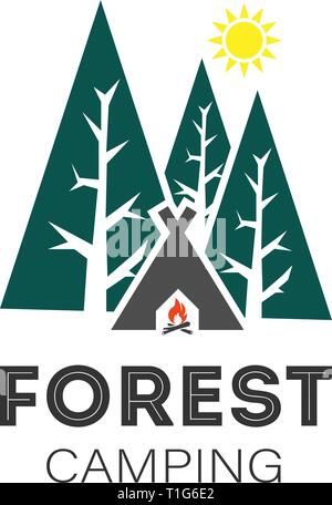 Forest camping logo su sfondo bianco, vettore Illustrazione Vettoriale