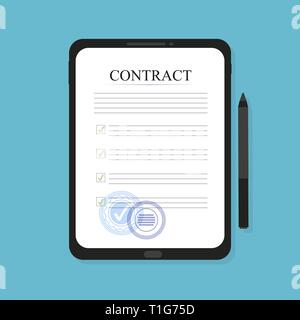 Contratto elettronico sulla tavoletta, in stile appartamento, concetto aziendale, illustrazione vettoriale Illustrazione Vettoriale