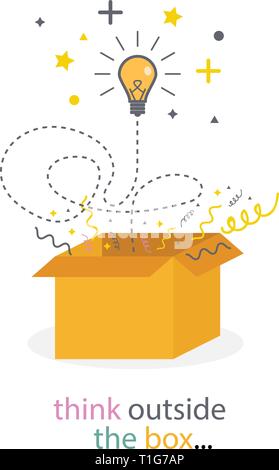 Casella pensare fuori. La lampadina della luce di concetto di linea. La creatività idea. Penso buona idea. - Illustrazione Vettoriale Illustrazione Vettoriale