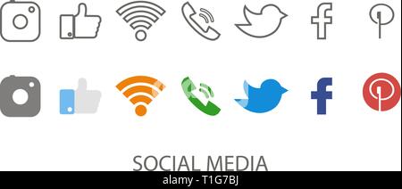 Social media set. Icona Multimedia. Icona sociale nel piatto e lo stile lineare. illustrazione vettoriale Illustrazione Vettoriale