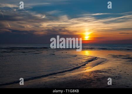 Golden tramonto su una spiaggia del mare del Nord Foto Stock