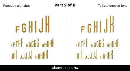 Grassetto condensato sans serif font, arrotondato. Vettore di caratteri tipografici dorato, parte 2 di 8. Serie di alte alfabeto maiuscole strette con lettere, numeri e simboli Illustrazione Vettoriale