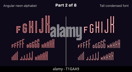 Condensato neon rosso font, angolare. I caratteri tipografici di vettore in delineato e riempito gli stili, parte 2 di 8. Neon alfabeto maiuscole strette con lettere e numeri Illustrazione Vettoriale