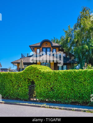 Siepe verde con arco sul cancello di ingresso di fronte casa residenziale. Foto Stock