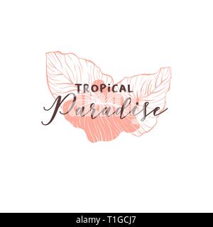 Agenzia di viaggi disegnati a mano logo vettoriale layout. Foglie di monstera disegno. Iscrizione manoscritta con una vegetazione esotica. illustrazione. Resort tropicale logotipo design lineare concetto Illustrazione Vettoriale