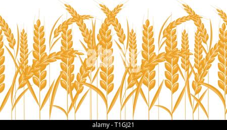 Spighe di grano bordo orizzontale senza giunture. Il colore oro della granella con stile cartoon. Illustrazione Vettoriale. Illustrazione Vettoriale