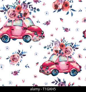 Acquerello fantasy seamless pattern con graziosi rosso auto retrò, fiori selvatici e le rose, vintage illustrazione su sfondo bianco Foto Stock