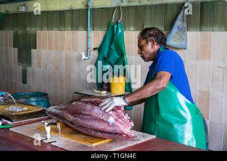 Maschio, Maldive - Febbraio 11th, 2019: un lavoratore di sesso maschile di pulizia e di taglio di un tonno presso il maschio Mercato del pesce nelle Maldive. Foto Stock