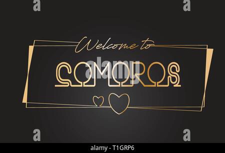 Comore Benvenuti al Golden testo scritte al neon tipografia cablati con cornici dorate e cuori Design illustrazione vettoriale. Illustrazione Vettoriale
