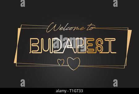 Budapest Benvenuti al Golden testo scritte al neon tipografia cablati con cornici dorate e cuori Design illustrazione vettoriale. Illustrazione Vettoriale