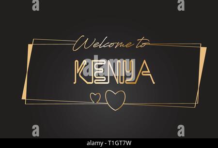 Kenya Benvenuti al Golden testo scritte al neon tipografia cablati con cornici dorate e cuori Design illustrazione vettoriale. Illustrazione Vettoriale