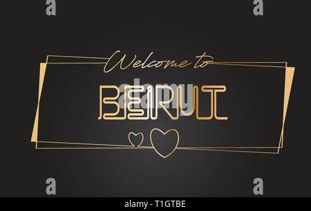 Beirut Benvenuti al Golden testo scritte al neon tipografia cablati con cornici dorate e cuori Design illustrazione vettoriale. Illustrazione Vettoriale