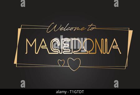 Macedonia Benvenuti al Golden testo scritte al neon tipografia cablati con cornici dorate e cuori Design illustrazione vettoriale. Illustrazione Vettoriale