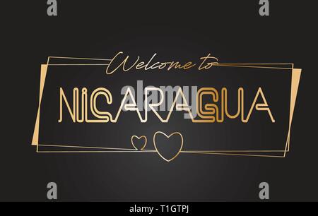 Nicaragua Benvenuti al Golden testo scritte al neon tipografia cablati con cornici dorate e cuori Design illustrazione vettoriale. Illustrazione Vettoriale