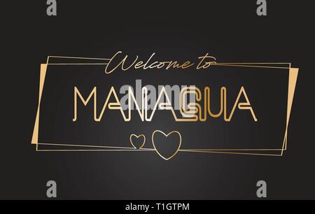 Managua Benvenuti al Golden testo scritte al neon tipografia cablati con cornici dorate e cuori Design illustrazione vettoriale. Illustrazione Vettoriale