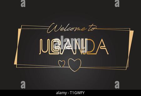 Uganda Benvenuti al Golden testo scritte al neon tipografia cablati con cornici dorate e cuori Design illustrazione vettoriale. Illustrazione Vettoriale