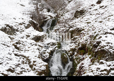 Una piccola cascata nella neve lungo Dalveen passano nel Lowther Hills. Dumfries and Galloway, Scottish Borders, Scozia Foto Stock