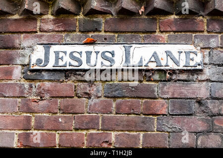 Un cartello stradale per Gesù Lane in Cambridge. Foto Stock