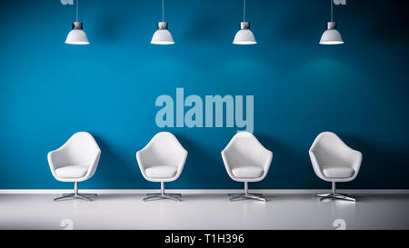 3D rendering della poltrona e la sede per il colloquio candidato nella parte anteriore della parete blu nei moderni e interni minimalisti o in sala d'attesa con pavimento bianco Foto Stock