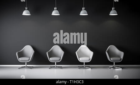 3D rendering della poltrona e la sede per il colloquio candidato nella parte anteriore del muro grigio nei moderni e interni minimalisti o in sala d'attesa con pavimento bianco Foto Stock