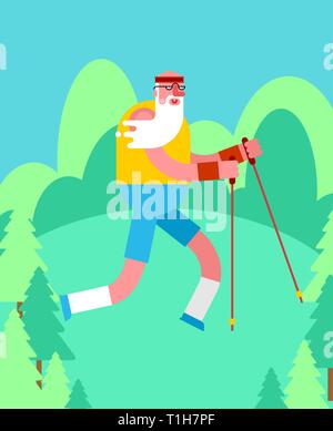 Il vecchio uomo Nordic walking nella foresta. Nonno andare con bastoncini da sci isolato. Corsi di formazione per i pensionati. Anziani runner Illustrazione Vettoriale