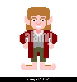 Hobbit pixel art piccolo uomo isolato. magic homunculus con grandi gambe 8 bit Illustrazione Vettoriale