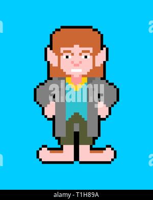 Hobbit pixel art piccolo uomo isolato. magic homunculus con grandi gambe 8 bit Illustrazione Vettoriale