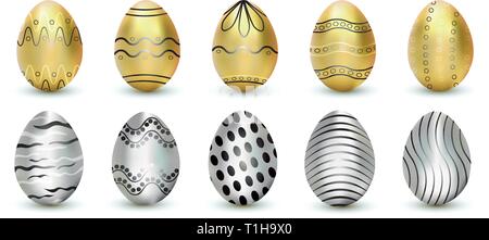 Pasqua. Illustrazione Vettoriale, golden e silver uova isolate su sfondo bianco con ombra. Uova di Pasqua Illustrazione Vettoriale