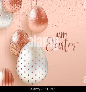 Felice Pasqua di lusso della scheda Messaggi di saluto illustrazione. 3d realistiche rosa uova di rame con glitter splash tradizionale per vacanze di primavera. Illustrazione Vettoriale