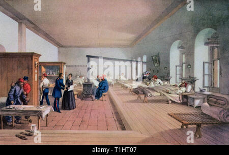 Florence Nightingale (1820-1910), ispezionando uno dei reparti di un ospedale di Scutari, durante la Guerra di Crimea, 1856. Da e Walker dopo William Simpson (1823-1899). Nightingale è famosa per il suo lavoro durante la Guerra di Crimea, dove ha guadagnato il titolo di 'la Signora con la lampada'. È anche venerata per aver posto le basi dell'assistenza infermieristica professionale, con l'istituzione della sua scuola di infermieristica al St Thomas's Hospital di Londra. Foto Stock