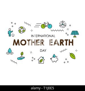 International Earth Day illustrazione. Linea Verde di icone e simboli per eco friendly attività, ambiente sociale la consapevolezza del concetto. Illustrazione Vettoriale