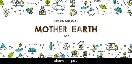 International Earth Day banner illustrazione. Linea Verde di icone e simboli per eco friendly attività, ambiente sociale la consapevolezza del concetto. Illustrazione Vettoriale