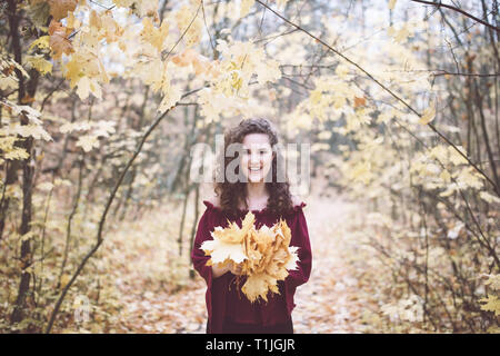 Bellissima ragazza con ricci capelli scuri in un marrone rossiccio top in un autunno park holding foglie di acero e sorridente Foto Stock