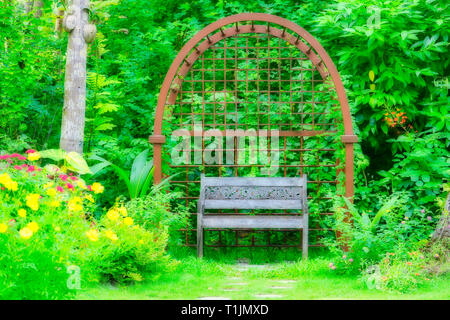 Questa unica immagine mostra un giardino da fiaba con un parco antico banco. Questa foto è stata scattata alle Maldive Foto Stock